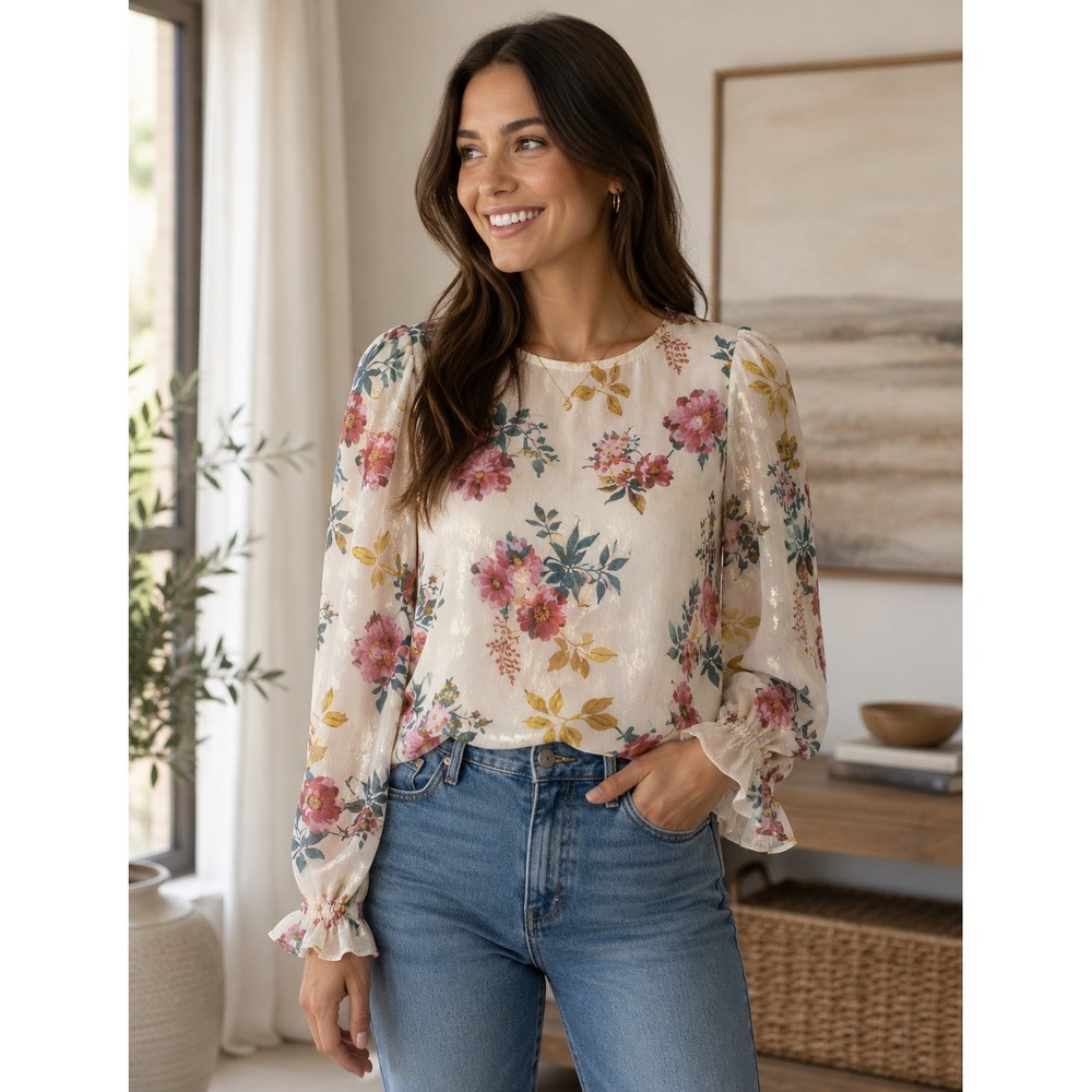 LOFT Floral Blouse Women XS Cream Gold Metallic Shimmer Puff Sleeve Cottagecore